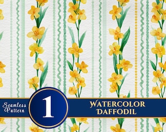 Watercolor Daffodil Seamless Pattern, Yellow Floral Stripes Digital Paper (Digital Download)