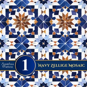 May include: A seamless pattern featuring a geometric Zellige mosaic design in shades of navy blue, light blue, white, and copper. A dark blue circular badge with the number 1 and a banner labeled NAVY ZELLIGE MOSAIC are overlaid on the pattern.