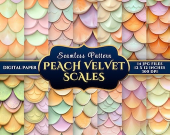 Peach Velvet Mermaid Digital Paper: Seamless Dragon Scales Fantasy Texture (14 JPGs 12x12 300DPI)