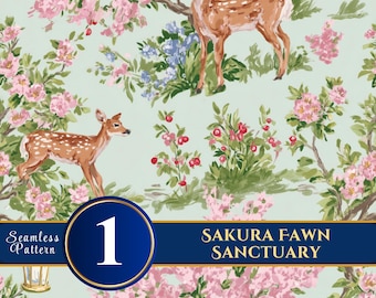 Sakura Fawn Sanctuary | Deer Floral Seamless Digital Paper Set for Crafts & Journals – SOLO ART 12x12 300DPI