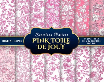 Pink Floral Toile De Jouy Seamless Digital Paper (Digital Download)