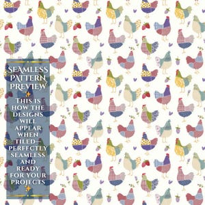 May include: A seamless pattern preview featuring colorful patchwork chickens, strawberries, and lavender sprigs on a white background. The text reads "SEAMLESS PATTERN PREVIEW. THIS IS HOW THE DESIGNS WILL APPEAR WHEN TILED - PERFECTLY SEAMLESS AND READY FOR YOUR PROJECTS."