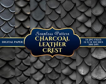 Charcoal Leather Crest | Dark Fantasy Black Seamless Dragon Scales Digital Paper Set for RPG & Gothic Crafts – 14 JPGs 12x12 300DPI