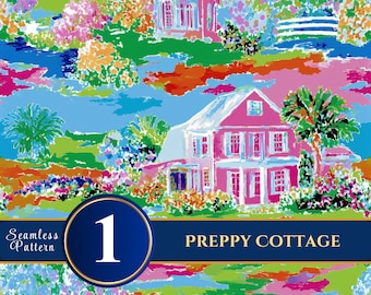 Preppy Cottage Seamless Pattern, Colorful Garden Estate Digital Paper for Fabric and Wallpaper Design