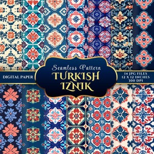 May include: A collection of Turkish Iznik seamless pattern digital papers. The patterns feature floral and geometric designs in shades of red, blue, and cream. Each paper is 12 x 12 inches and 300 DPI.