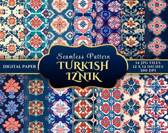 May include: A collection of Turkish Iznik seamless pattern digital papers. The patterns feature floral and geometric designs in shades of red, blue, and cream. Each paper is 12 x 12 inches and 300 DPI.