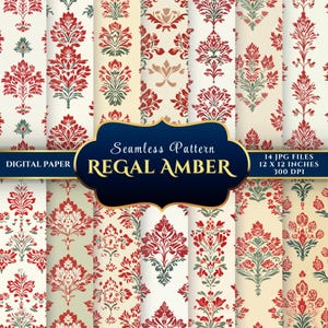 May include: A selection of digitally created seamless patterns in a Regal Amber design. The patterns feature red and green floral motifs on a cream background. The image includes the text "Digital Paper", "Seamless Pattern", and "14 JPG FILES 12 x 12 inches 300 DPI".