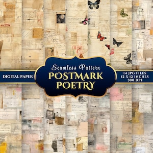 Papel digital sin costuras Postmark Poetry / Vintage Ephemera para diarios y manualidades: 14 archivos JPG de 30,5 x 30,5 cm y 300 DPI