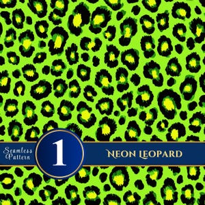 Puede incluir: Un patrón sin costuras con un fondo verde neón, adornado con manchas de leopardo negras y amarillas. Se incluye un círculo azul con el número 1 y las palabras "Seamless Pattern". Una pancarta azul muestra "NEON LEOPARD".