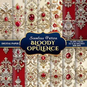 Könnte beinhalten: Ein Set mit 14 digitalen Papierdesigns mit einem nahtlosen Muster aus verzierten goldenen und silbernen Schnörkeln mit roten Juwelenakzenten. Der Text "Seamless Pattern Bloody Opulence" wird in einem blauen Banner angezeigt.