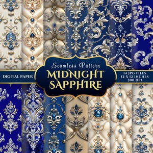 Puede incluir: Un conjunto de 14 papeles digitales con un patrón sin costuras de diseños ornamentados dorados y plateados con acentos de zafiro azul. Los papeles miden 30,5 x 30,5 cm y 300 DPI.