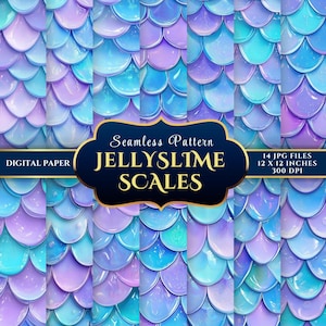 May include: Digital paper with a seamless pattern of mermaid scales in blue, purple, and teal. The image includes the text "JELLYSLIME SCALES" and details about the file size: 14 JPG files, 30.48 x 30.48 cm, and 300 DPI.