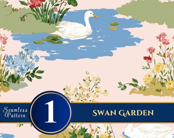 Watercolor Swan Pond Seamless Pattern: Floral Cottagecore Botanical Fabric Design (Digital Download)