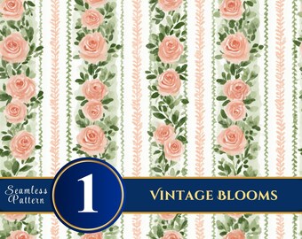 Watercolor Rose Seamless Pattern, Blush Pink Floral Stripe Fabric Print (Digital Download)