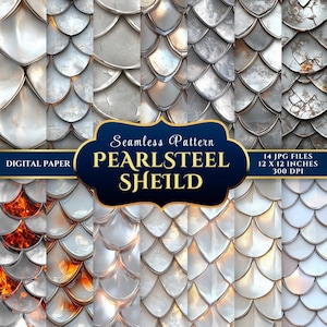 Puede incluir: Un conjunto de papel digital con patrones sin costuras de escamas metálicas en tonos plateados y grises. La imagen incluye el texto "Seamless Pattern PEARLSTEEL SHEILD" y "14 JPG FILES 12 X 12 INCHES 300 DPI". Cada archivo mide 30,48 cm x 30,48 cm.