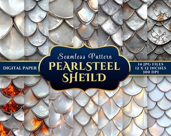 Pearlsteel Shield | Fantasy Armor Seamless White Dragon Scales Digital Paper Set for Junk Journals & Crafts – 14 JPGs 12x12 300DPI