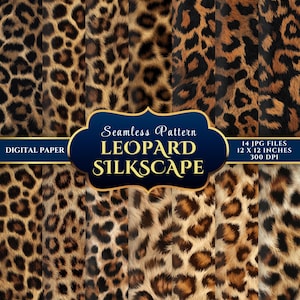 以下が含まれることがあります： 茶色、黒、タンの色合いのヒョウ柄パターンを特徴とするデジタルペーパーセット。画像には「Seamless Pattern LEOPARD SILKSCAPE」と「14 JPG FILES 12 x 12 INCHES 300 DPI」というテキストが含まれています。