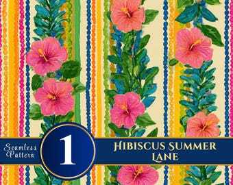 Hibiscus Summer Lane | Tropical Floral Seamless Digital Paper for Scrapbooking & Crafts – SOLO ART 12x12 300DPI