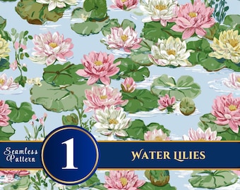 Water Lily Seamless Pattern: Pink Lotus Floral Botanical Print (Digital Download)