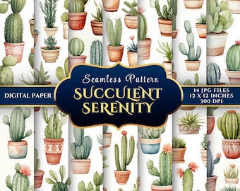Seamless watercolor cactus pattern for plant lovers and crafters digital paper download