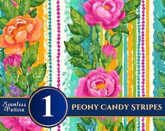 Peony Candy Stripes | Colorful Floral Seamless Digital Paper for Scrapbooking & Crafts – SOLO ART 12x12 300DPI