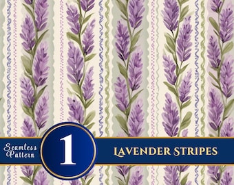 Watercolor Lavender Floral Stripes Digital Paper (Seamless Pattern)