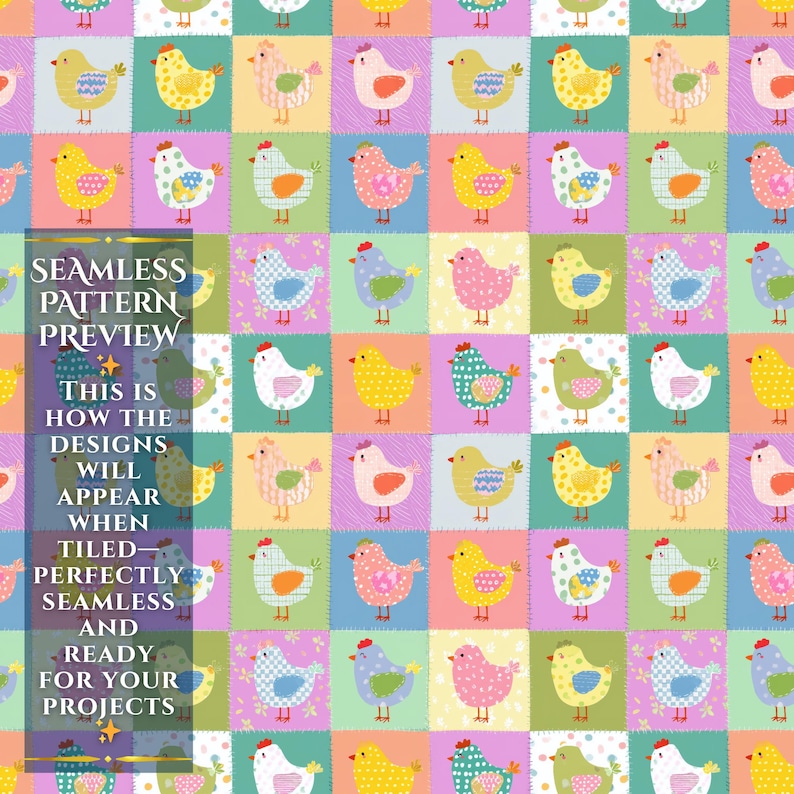 Może przedstawiać: Kolorowy, bezszwowy wz&oacute;r z kresk&oacute;wkowymi ptakami w stylu patchworku. Każdy ptak ma unikalny design i kolor. Widoczny jest tekst "SEAMLESS PATTERN PREVIEW", wskazujący na możliwość układania wzoru w płytki.