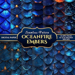 May include: A digital paper set featuring a seamless pattern with a blue and orange scale design. The text on the image reads "OCEANFIRE EMBERS" and "14 JPG FILES 12 x 12 INCHES 300 DPI". The digital paper is suitable for various creative projects.