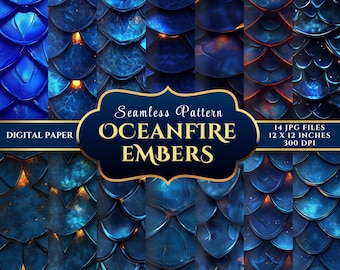 Oceanfire Embers | Fantasy Seamless Blue Dragon Scaled Digital Paper Set for Crafts & Design – 14 JPGs 12x12 300DPI