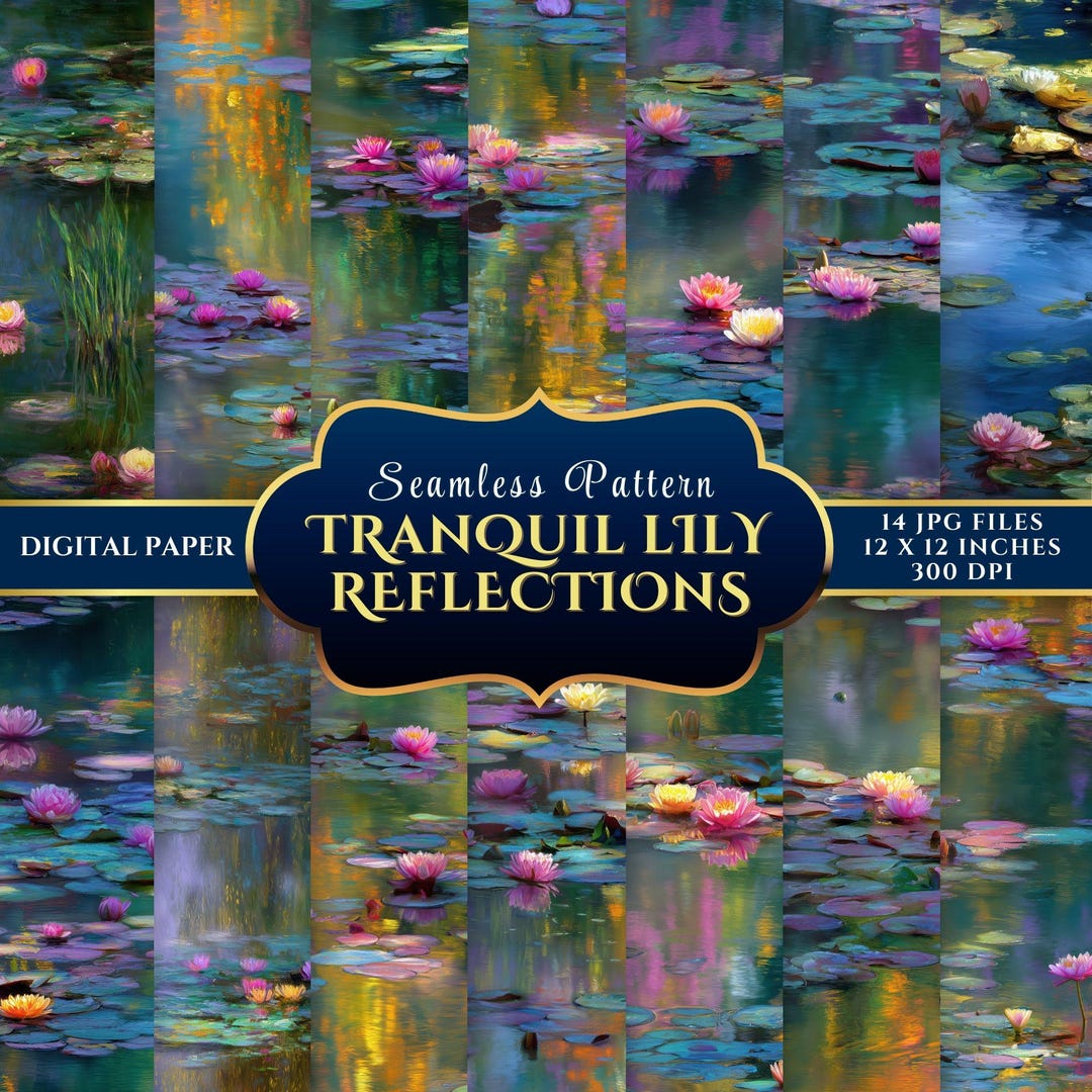 Monet-inspired Seamless Water Lily Digital Paper Set for Artful Crafts ...