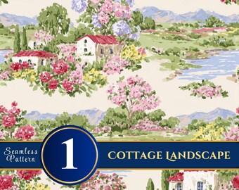 Watercolor Cottage Landscape Art Print, Floral Countryside Painting (Digital Download)