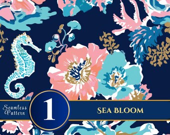 Seahorse Floral Seamless Pattern, Tropical Ocean Garden Digital Paper for Fabric and Wallpaper Design