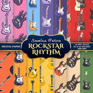 May include: A set of digital paper patterns with electric guitar designs. The patterns feature guitars on pink, blue, orange, and green backgrounds. The text reads "Seamless Pattern ROCKSTAR RHYTHM" and "14 JPG FILES 12 x 12 inches 300 DPI".