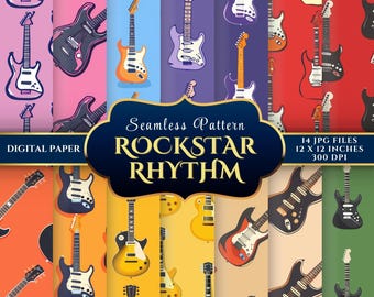 Rockstar Guitar Seamless Digital Paper: Colorful Music Patterns (14 JPGs 12x12 300DPI)
