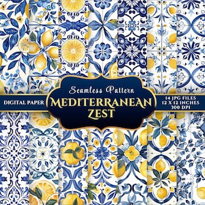 Mediterranean Lemon Tile Digital Paper | Seamless Scrapbooking Pattern (14 JPGs)