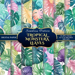 May include: A set of 14 digital paper designs featuring tropical monstera leaves in various colours, including green, pink, purple, and yellow. The designs are seamless and can be used for crafting, scrapbooking, and other creative projects. The text "Seamless Pattern Tropical Monstera Leaves" is displayed in a banner at the top of the image. The text "14 JPG FILES 12 X 12 INCHES 300 DPI" is displayed in a banner at the bottom of the image.