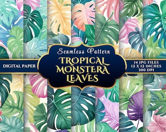 Aquarell Monstera Blatt Digitales Papier: Tropisches Dschungel Muster (Digitaler Download)