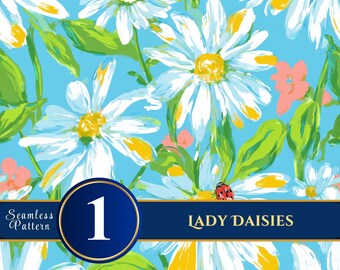 Daisy Ladybug Seamless Pattern, Whimsical Wildflower Digital Paper for Spring Fabric and Wallpaper Design