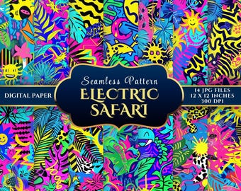 Neon Jungle Seamless Digital Paper Set for Scrapbooking & Crafts – 14 JPGs 12x12 300DPI