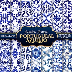 May include: A set of 14 digital paper patterns featuring blue and white Portuguese azulejo tile designs. Each pattern is 12 inches by 12 inches and 300 DPI.