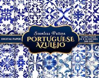 Azulejo Seamless Digital Paper: Wzory niebieskich i białych kafelków (do pobrania w wersji cyfrowej)