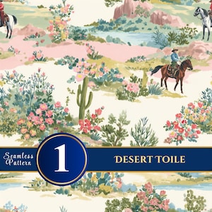 May include: A seamless pattern featuring a desert landscape with cowboys on horseback, cacti, and blooming flowers. The design includes the text "Desert Toile" and "Seamless Pattern" on a navy blue banner with a gold border. The color palette includes pink, green, and beige.