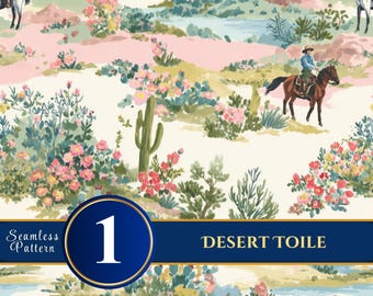 Western Desert Toile Seamless Pattern, Watercolor Cowboys, Wildflowers, Cacti (Digital Download)