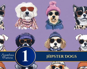 Hipster Dogs Seamless Pattern, Fashionable Pet Illustration (Digital Download)