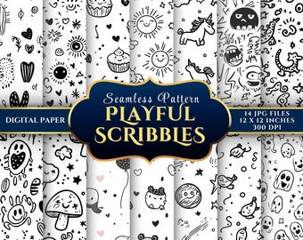 Doodle Digital Paper: Black and White Seamless Patterns (Digital Download)