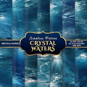 May include: A digital paper set featuring 14 JPG files with a seamless pattern of crystal waters. Each file is 12 x 12 inches at 300 DPI. The design showcases various shades of blue, depicting underwater scenes with sunlight.