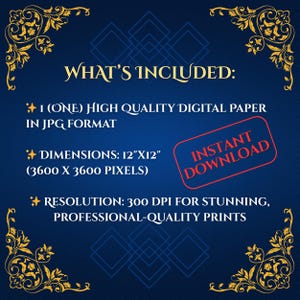 Może przedstawiać: Grafika produktu papieru cyfrowego na ciemnoniebieskim tle ze złotymi dekoracyjnymi narożnikami. Tekst brzmi: "WHAT'S INCLUDED: 1 (ONE) HIGH QUALITY DIGITAL PAPER IN JPG FORMAT. WYMIARY: 30.48cm x 30.48cm (3600 X 3600 PIKSELI). ROZDZIELCZOŚĆ: 300 DPI".