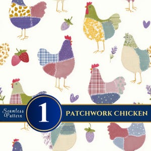 Puede incluir: Un patrón sin costuras con gallinas de patchwork en varios colores y diseños, incluyendo azul, rosa, amarillo y verde. El diseño incluye fresas, corazones y el texto "Patchwork Chicken" y "Seamless Pattern".