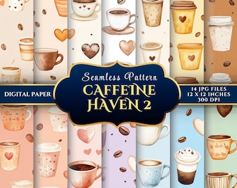 May include: A digital paper pack with 14 seamless patterns featuring watercolor illustrations of coffee cups, coffee beans, and hearts. The patterns are in various colors, including pink, blue, purple, and green. The text "Seamless Pattern Caffeine Haven 2" is displayed in a black banner.
