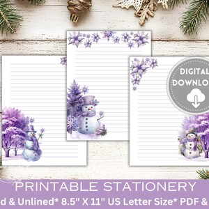 Puede incluir: Papelería imprimible con un tema invernal con flores moradas y muñecos de nieve. El conjunto incluye papel de tamaño carta de EE. UU. de 8,5 x 11 pulgadas con líneas y sin líneas. Descarga digital, archivos PDF y PNG.
